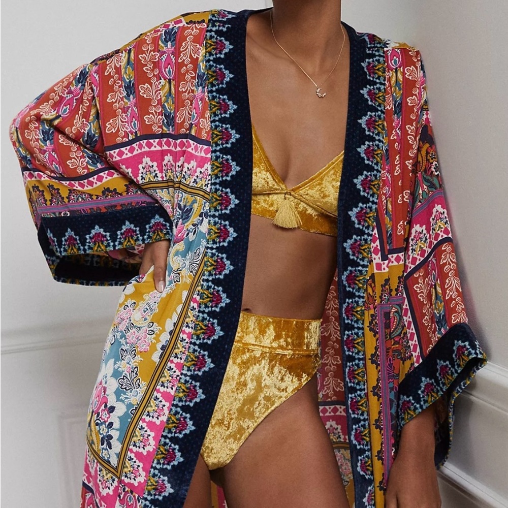 Colorful Bohemian Kimono and Gold Bikini Set